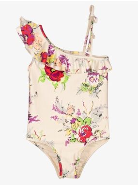 Zimmermann Garden Floral Girls' One-Shoulder Floral Swimsuit - Cream